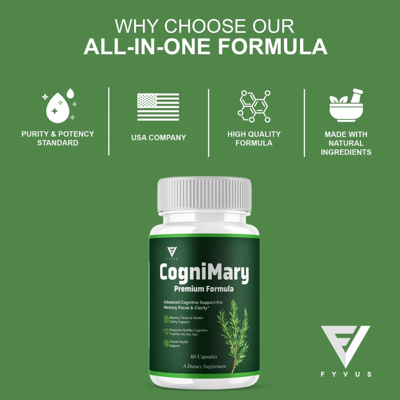A CogniMary marketing panel showing purity, USA company and quality icons