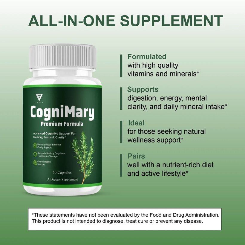 A CogniMary marketing panel describing an all-in-one supplement