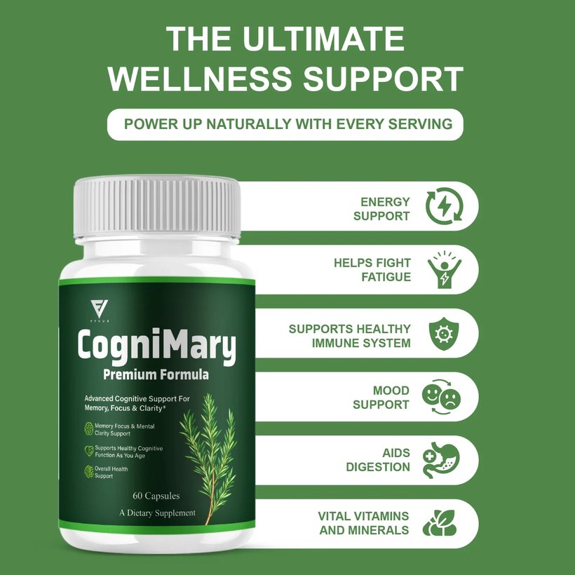 A CogniMary marketing panel listing energy, immune, mood and digestion claims