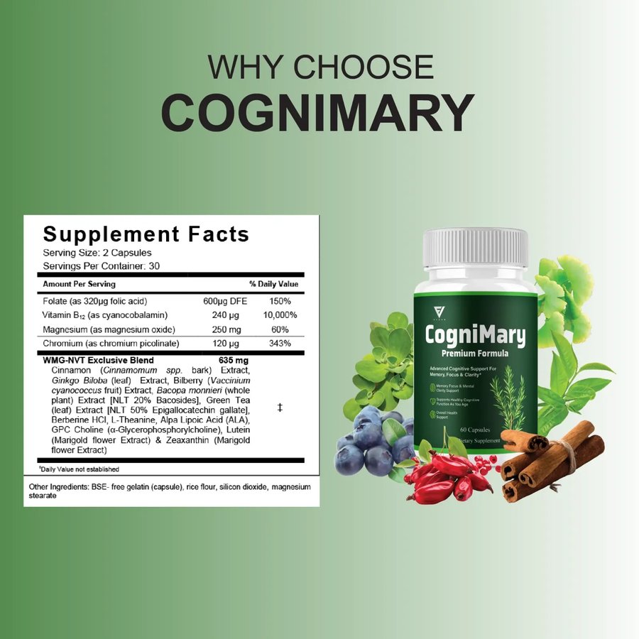 A CogniMary panel showing the Supplement Facts alongside the bottle